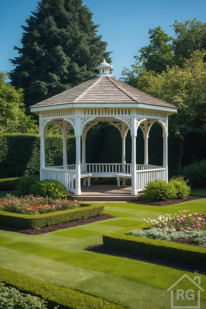 A pristine garden features a classic white wooden gazebo with a light brown shingled roof, surrounded by meticulously manicured green lawns, formal boxwood hedges, and vibrant flower beds under a clear blue sky.