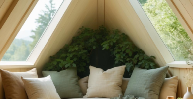 A cozy A-frame sitting nook features a daybed with neutral and sage green pillows, a soft throw, and a woven rug, all bathed in natural light from large triangular windows overlooking a lush forest.