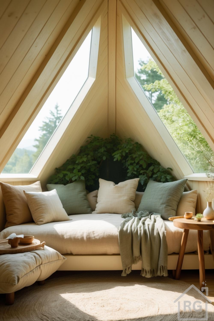 A cozy A-frame sitting nook features a daybed with neutral and sage green pillows, a soft throw, and a woven rug, all bathed in natural light from large triangular windows overlooking a lush forest.