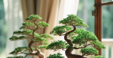 Two meticulously shaped bonsai trees sit on a bright windowsill, bathed in soft natural light filtering through sheer beige curtains. The scene offers a serene view of lush green foliage and rich brown trunks against a blurred outdoor background.
