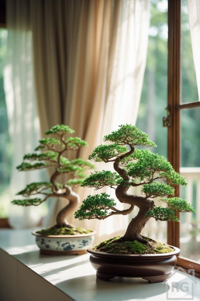 Two meticulously shaped bonsai trees sit on a bright windowsill, bathed in soft natural light filtering through sheer beige curtains. The scene offers a serene view of lush green foliage and rich brown trunks against a blurred outdoor background.