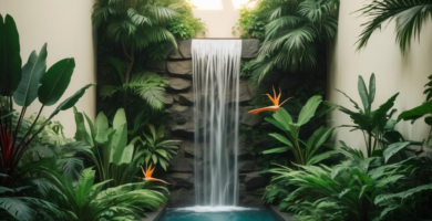 A serene indoor atrium features a cascading waterfall over natural stone into a tranquil plunge pool, flanked by lush tropical plants and two light wooden benches. Overhead, a large skylight bathes the space in natural light, illuminating the dark grey tiled floor.