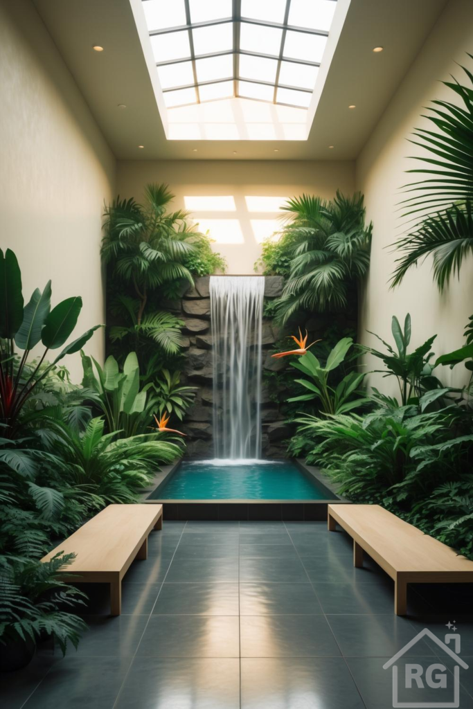 A serene indoor atrium features a cascading waterfall over natural stone into a tranquil plunge pool, flanked by lush tropical plants and two light wooden benches. Overhead, a large skylight bathes the space in natural light, illuminating the dark grey tiled floor.