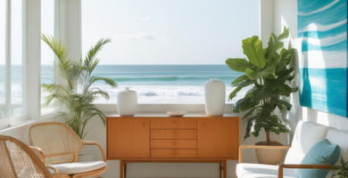 A bright coastal midcentury sunroom with a stunning panoramic ocean view, featuring a light wood sideboard, two woven rattan armchairs, and a modern white upholstered armchair. Lush green indoor plants frame the large window, and an abstract blue and white painting hangs on the wall, complementing the room's serene palette of whites, natural wood, and ocean blues.
