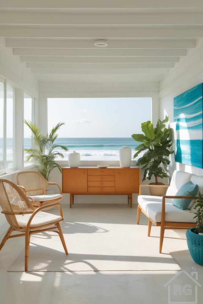 A bright coastal midcentury sunroom with a stunning panoramic ocean view, featuring a light wood sideboard, two woven rattan armchairs, and a modern white upholstered armchair. Lush green indoor plants frame the large window, and an abstract blue and white painting hangs on the wall, complementing the room's serene palette of whites, natural wood, and ocean blues.