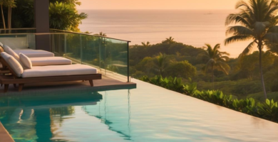 A luxurious infinity pool patio overlooking a tropical ocean at sunset, featuring modern wooden sun loungers with white cushions, a sleek glass railing, and lush green foliage.