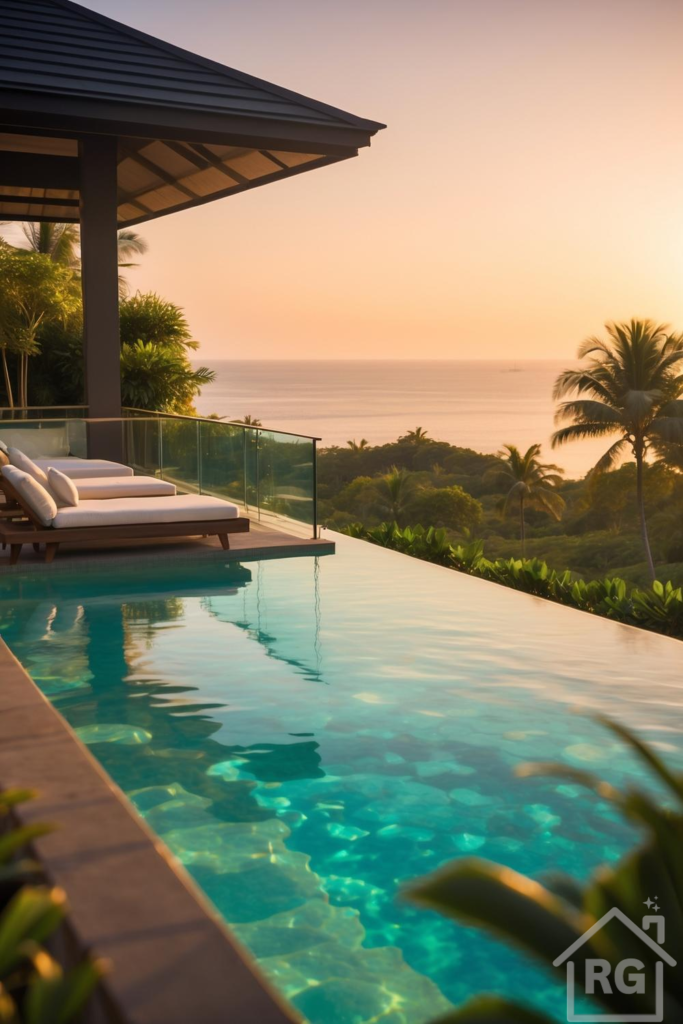 A luxurious infinity pool patio overlooking a tropical ocean at sunset, featuring modern wooden sun loungers with white cushions, a sleek glass railing, and lush green foliage.