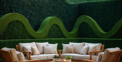 An elegant outdoor patio featuring a teak wood sectional sofa and armchairs with cream cushions, centered around a matching coffee table on a light grey rug. The space is illuminated by warm string lights overhead and backed by a meticulously sculpted green hedge wall.