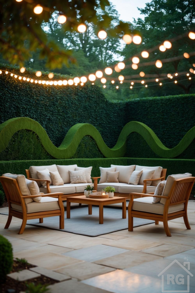 An elegant outdoor patio featuring a teak wood sectional sofa and armchairs with cream cushions, centered around a matching coffee table on a light grey rug. The space is illuminated by warm string lights overhead and backed by a meticulously sculpted green hedge wall.