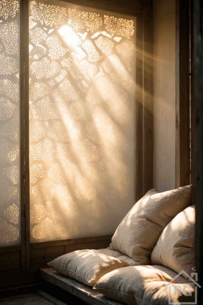 A sun-drenched Japandi-style sitting nook featuring a low wooden bench with light beige linen cushions. Golden light streams through a decorative patterned screen, casting intricate shadows on the wall.
