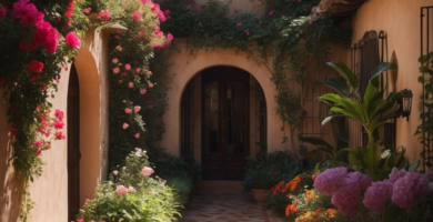 A sun-drenched Mediterranean courtyard featuring warm stucco walls, a terracotta tiled path, and abundant vibrant pink bougainvillea and other potted flowering plants, leading to an arched wooden doorway.