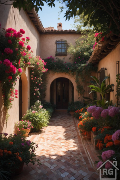 A sun-drenched Mediterranean courtyard featuring warm stucco walls, a terracotta tiled path, and abundant vibrant pink bougainvillea and other potted flowering plants, leading to an arched wooden doorway.