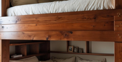 A cozy, custom-built wooden bunk bed setup featuring warm brown wood and soft, neutral-toned bedding. The beds include integrated shelving with small decorative items, creating a functional and inviting sleeping space.