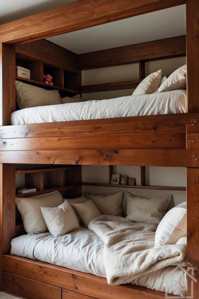 A cozy, custom-built wooden bunk bed setup featuring warm brown wood and soft, neutral-toned bedding. The beds include integrated shelving with small decorative items, creating a functional and inviting sleeping space.