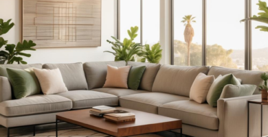 A modern living room features a large light gray sectional sofa with green and blush throw pillows, a rectangular wooden coffee table, and a geometric patterned rug. Large floor-to-ceiling windows overlook a sunny landscape, with lush green plants placed throughout the bright, airy space.