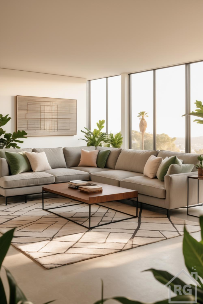 A modern living room features a large light gray sectional sofa with green and blush throw pillows, a rectangular wooden coffee table, and a geometric patterned rug. Large floor-to-ceiling windows overlook a sunny landscape, with lush green plants placed throughout the bright, airy space.