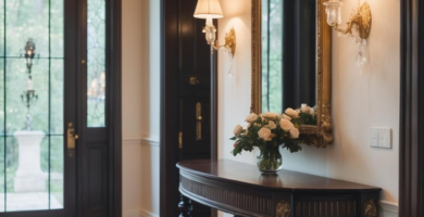 An elegant traditional entryway featuring a dark wood console table, a large ornate gold mirror, and two wall sconces. A crystal chandelier hangs near dark arched double doors, and a rich red Persian rug covers the polished hardwood floor.