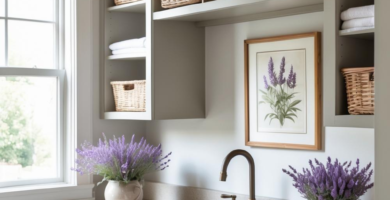 A bright and organized laundry room featuring greige cabinetry, a white front-load washing machine, a utility sink, and open shelving filled with natural wicker baskets. Two ceramic vases with purple lavender flowers and a framed botanical print add a touch of natural elegance to the space.