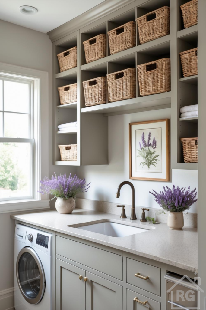 A bright and organized laundry room featuring greige cabinetry, a white front-load washing machine, a utility sink, and open shelving filled with natural wicker baskets. Two ceramic vases with purple lavender flowers and a framed botanical print add a touch of natural elegance to the space.