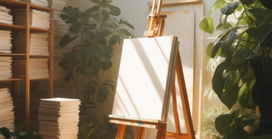 A sunlit art studio featuring a wooden easel with a blank canvas, surrounded by lush green plants and stacks of art supplies on wooden shelves. Natural light streams in from a large skylight, illuminating the light wood floor and creating a warm, inspiring atmosphere.