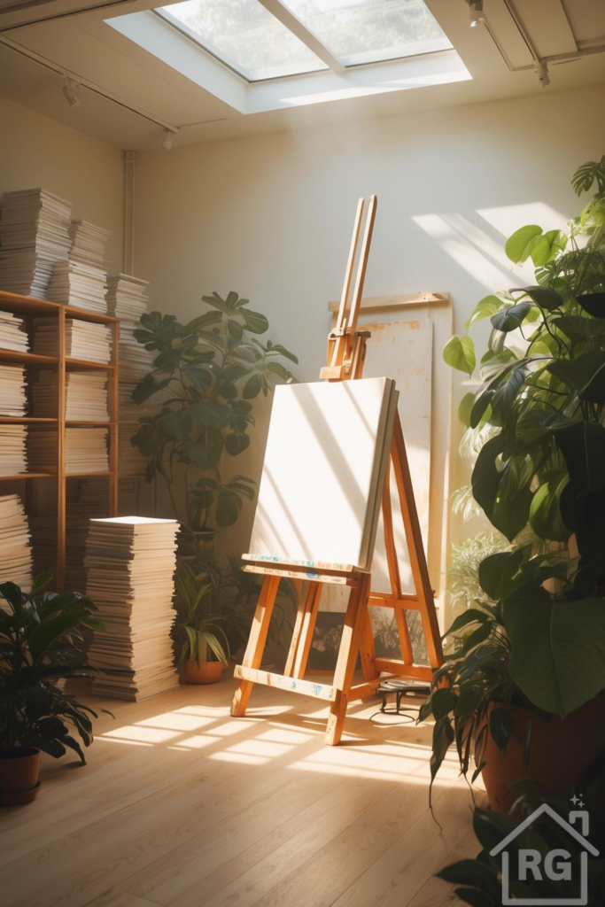 A sunlit art studio featuring a wooden easel with a blank canvas, surrounded by lush green plants and stacks of art supplies on wooden shelves. Natural light streams in from a large skylight, illuminating the light wood floor and creating a warm, inspiring atmosphere.