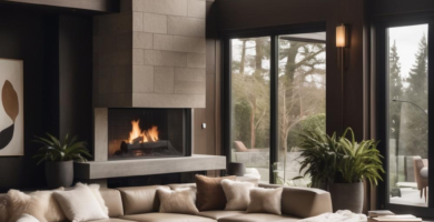 A spacious, modern living room featuring a large beige leather sectional sofa, a grand stone fireplace with a roaring fire, and expansive floor-to-ceiling windows overlooking a lush outdoor landscape. The room is designed with a neutral color palette, dark wood accents, and layered textures for a luxurious and inviting feel.