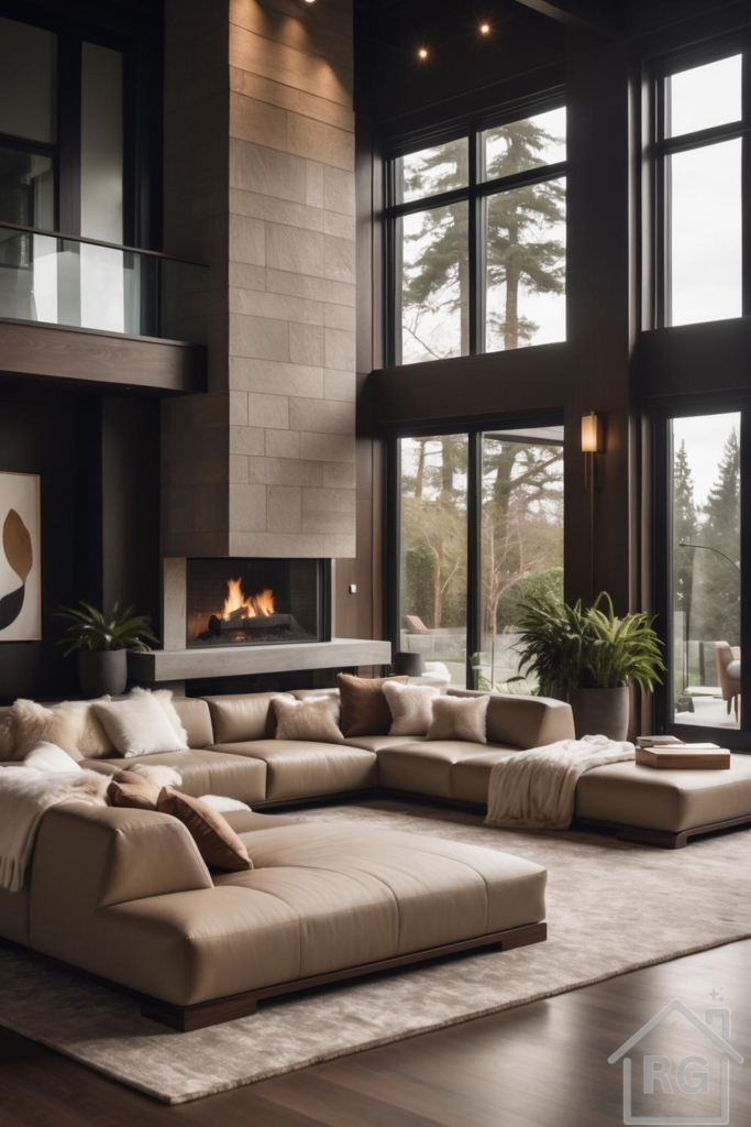 A spacious, modern living room featuring a large beige leather sectional sofa, a grand stone fireplace with a roaring fire, and expansive floor-to-ceiling windows overlooking a lush outdoor landscape. The room is designed with a neutral color palette, dark wood accents, and layered textures for a luxurious and inviting feel.