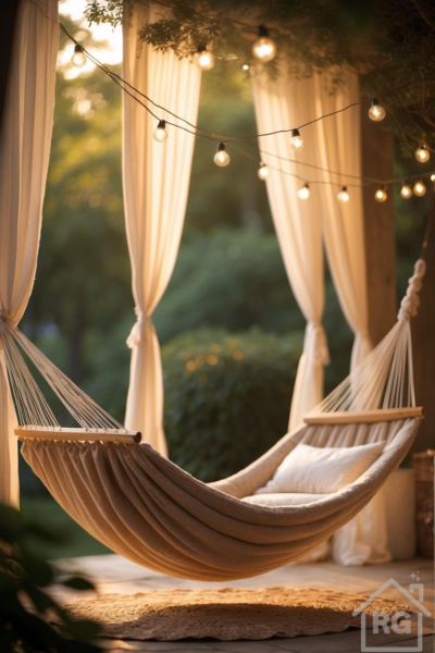 A cozy outdoor retreat featuring a comfortable beige fabric hammock with a white pillow, surrounded by flowing cream outdoor curtains and illuminated by warm string lights, set against a lush green background.