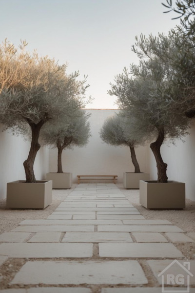 A minimalist outdoor courtyard featuring a stone paver pathway flanked by four mature olive trees in large square planters, set against white stucco walls with a simple wooden bench at the far end.