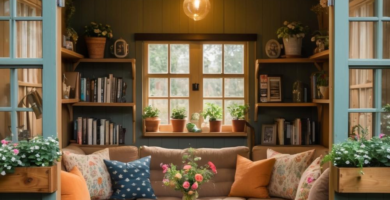 A charming backyard shed converted into a cozy outdoor living room, featuring a light brown sectional sofa, built-in wooden shelves, and teal-painted doors, all illuminated by warm lighting. The space is decorated with potted plants, colorful throw pillows, and an area rug, creating an inviting retreat.
