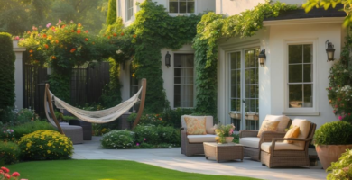 A luxurious backyard features a light grey stone patio with comfortable wicker furniture, a lush green lawn, and a freestanding wooden hammock. The scene is surrounded by vibrant flowering shrubs, climbing vines on a cream-colored house, and tall green trees in the background.