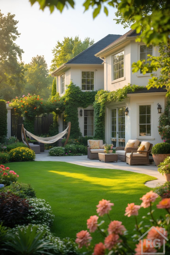 A luxurious backyard features a light grey stone patio with comfortable wicker furniture, a lush green lawn, and a freestanding wooden hammock. The scene is surrounded by vibrant flowering shrubs, climbing vines on a cream-colored house, and tall green trees in the background.