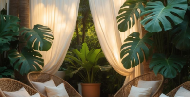 A serene tropical patio featuring four wicker lounge chairs with cream cushions arranged on light stone pavers, surrounded by lush green Monstera and palm plants, with sheer white curtains providing a soft backdrop and warm sunlight filtering through.