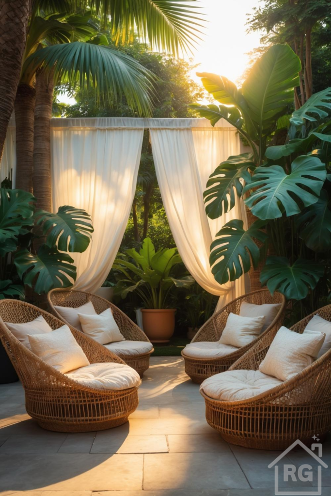 A serene tropical patio featuring four wicker lounge chairs with cream cushions arranged on light stone pavers, surrounded by lush green Monstera and palm plants, with sheer white curtains providing a soft backdrop and warm sunlight filtering through.
