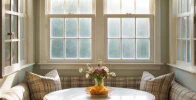 A sunlit, cozy breakfast nook features built-in banquette seating with plaid cushions and pillows, a white round pedestal table, and large windows with plaid Roman blinds. A brass pendant light hangs above the table, which holds a vase of flowers and a bowl of oranges.