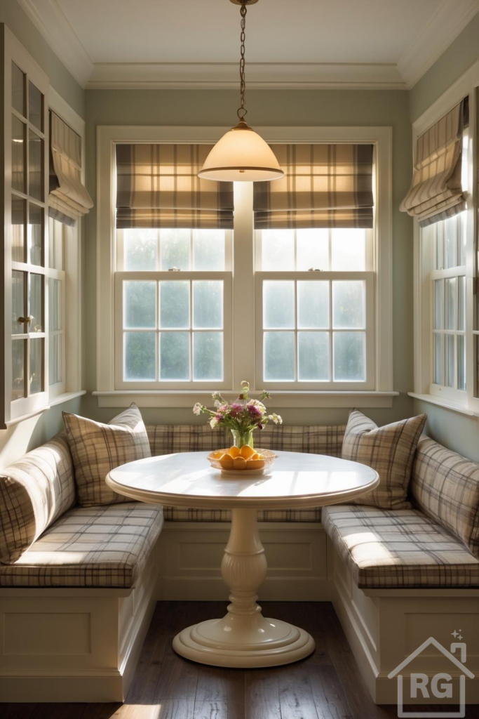 A sunlit, cozy breakfast nook features built-in banquette seating with plaid cushions and pillows, a white round pedestal table, and large windows with plaid Roman blinds. A brass pendant light hangs above the table, which holds a vase of flowers and a bowl of oranges.