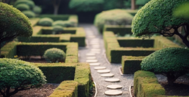 A serene Japanese garden featuring a winding gravel path with round stepping stones, flanked by meticulously manicured green hedges and various topiary trees with cloud-like shapes. In the background, a traditional Japanese house wall and fence are visible, contributing to the tranquil aesthetic.
