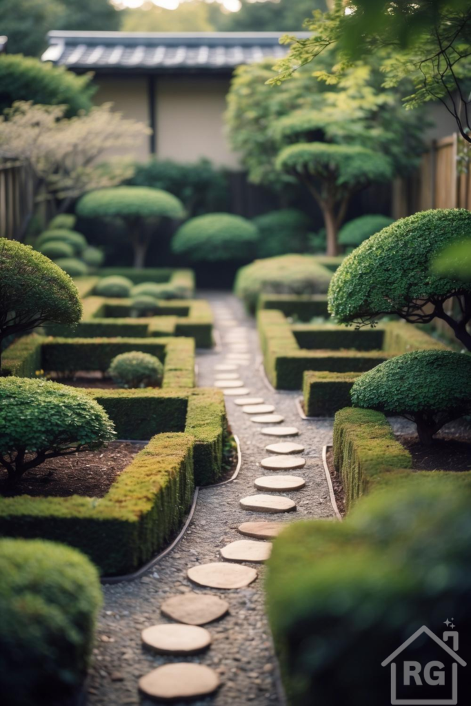 A serene Japanese garden featuring a winding gravel path with round stepping stones, flanked by meticulously manicured green hedges and various topiary trees with cloud-like shapes. In the background, a traditional Japanese house wall and fence are visible, contributing to the tranquil aesthetic.