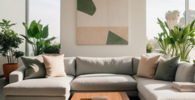 A bright and spacious modern living room featuring a large light grey sectional sofa, a warm wooden coffee table, and an abstract art piece. Abundant natural light streams through large windows, illuminating potted plants and a textured beige area rug.
