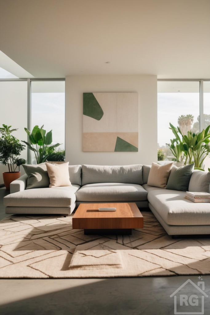 A bright and spacious modern living room featuring a large light grey sectional sofa, a warm wooden coffee table, and an abstract art piece. Abundant natural light streams through large windows, illuminating potted plants and a textured beige area rug.