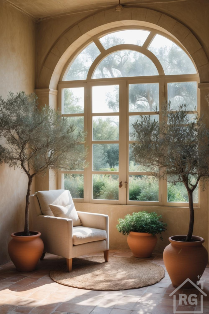 A sun-drenched Mediterranean-style sunroom featuring a large arched window, a cream linen armchair, and two tall olive trees in terracotta pots. The room has warm stucco walls, terracotta floor tiles, and a round jute rug.