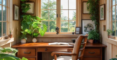 A sunlit shed home office featuring warm wooden walls and ceiling, a large wooden desk, an ergonomic office chair, and numerous lush green plants, with a view of a garden through large windows.