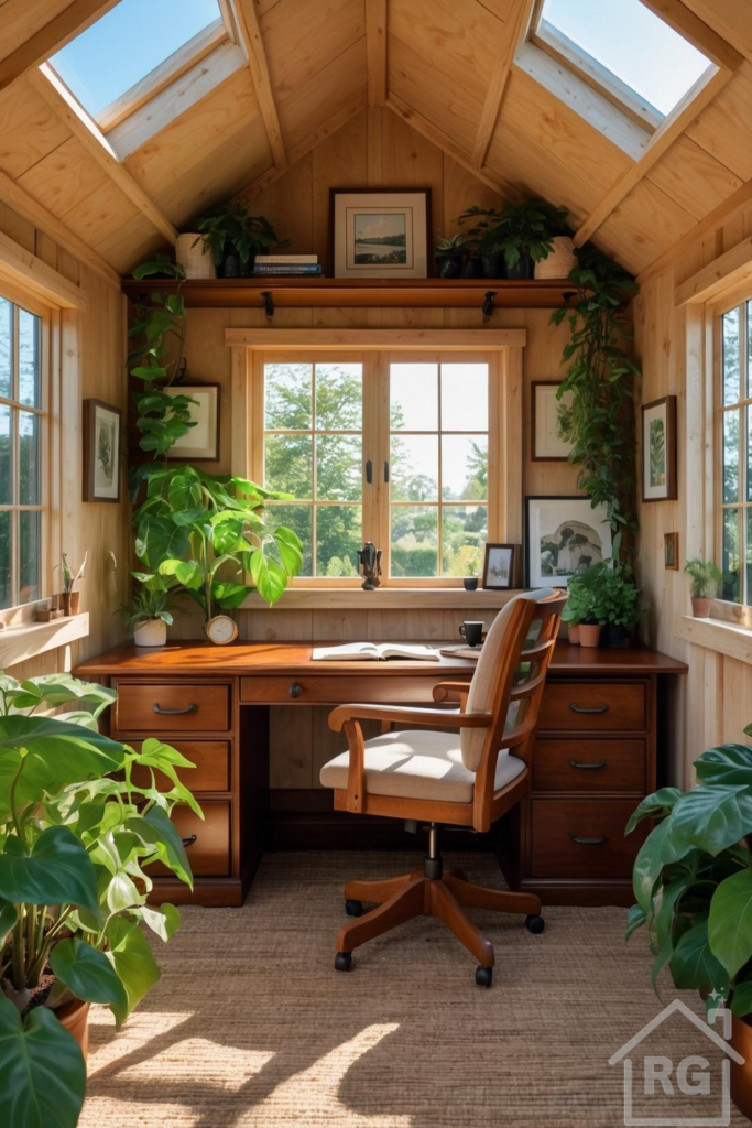 A sunlit shed home office featuring warm wooden walls and ceiling, a large wooden desk, an ergonomic office chair, and numerous lush green plants, with a view of a garden through large windows.