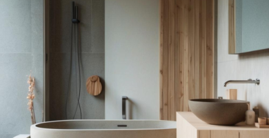 A modern Japandi style bathroom featuring a light grey freestanding bathtub, a wooden vanity with a dark vessel sink, and a slatted wooden accent wall. The room is illuminated by warm ambient lighting, creating a calm and minimalist spa-like atmosphere.