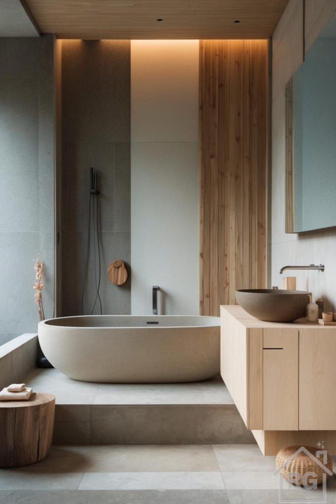 A modern Japandi style bathroom featuring a light grey freestanding bathtub, a wooden vanity with a dark vessel sink, and a slatted wooden accent wall. The room is illuminated by warm ambient lighting, creating a calm and minimalist spa-like atmosphere.