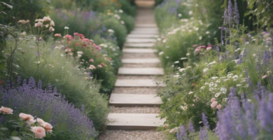A serene English garden pathway featuring light-colored rectangular stepping stones set in gravel, flanked by lush borders of pink roses, purple lavender, and various green and white flowering plants, leading to a distant archway.