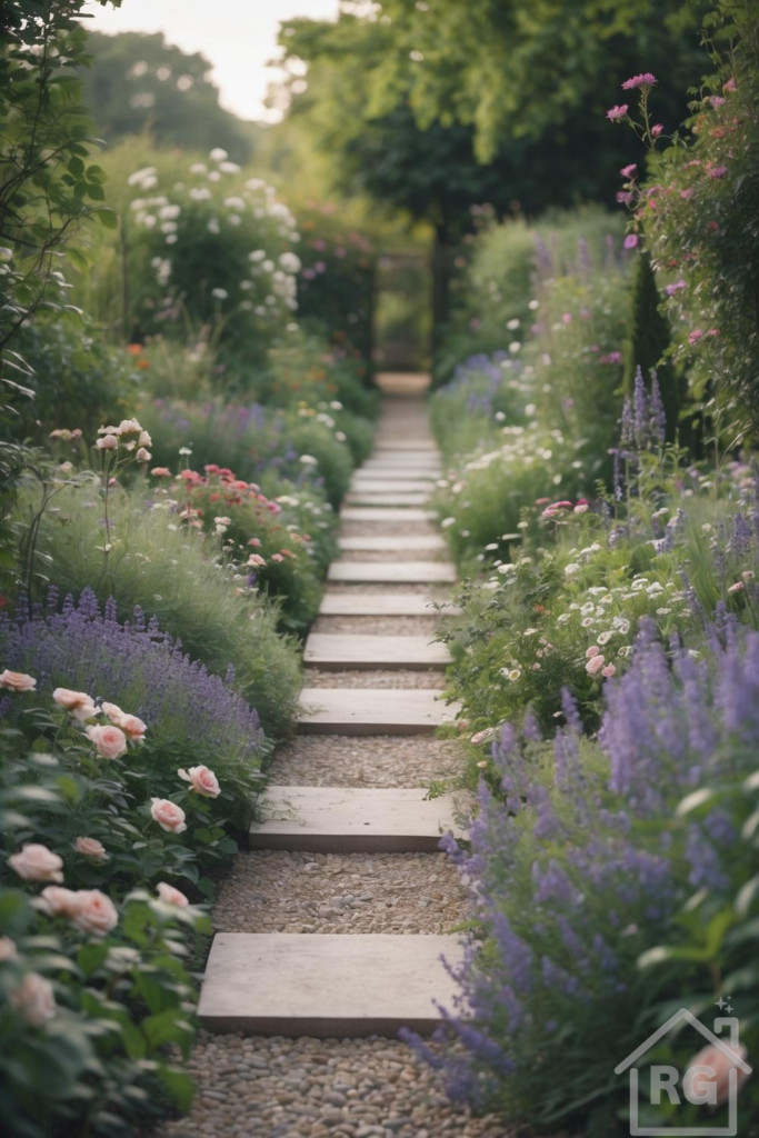 A serene English garden pathway featuring light-colored rectangular stepping stones set in gravel, flanked by lush borders of pink roses, purple lavender, and various green and white flowering plants, leading to a distant archway.