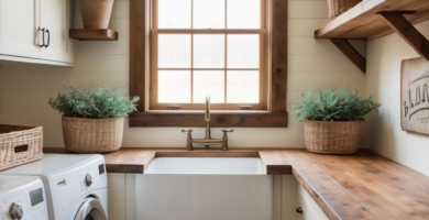 A bright and inviting modern farmhouse laundry room featuring white shiplap walls, warm wood countertops, a large farmhouse sink, and lush green plants in woven baskets and terracotta pots. The room is equipped with a washer and dryer, ample cabinetry, and floating shelves, all illuminated by natural light from a large window and a rustic pendant fixture.
