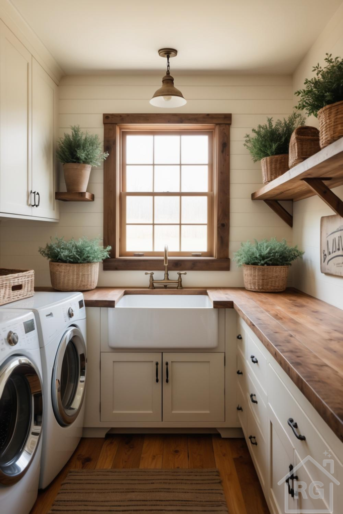 A bright and inviting modern farmhouse laundry room featuring white shiplap walls, warm wood countertops, a large farmhouse sink, and lush green plants in woven baskets and terracotta pots. The room is equipped with a washer and dryer, ample cabinetry, and floating shelves, all illuminated by natural light from a large window and a rustic pendant fixture.