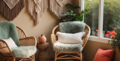 A cozy bohemian sunroom featuring two rattan chairs with sage green faux fur throws, a colorful layered area rug, and macrame wall hangings. The room is bathed in natural light from large windows, showcasing vibrant floor cushions and potted plants.